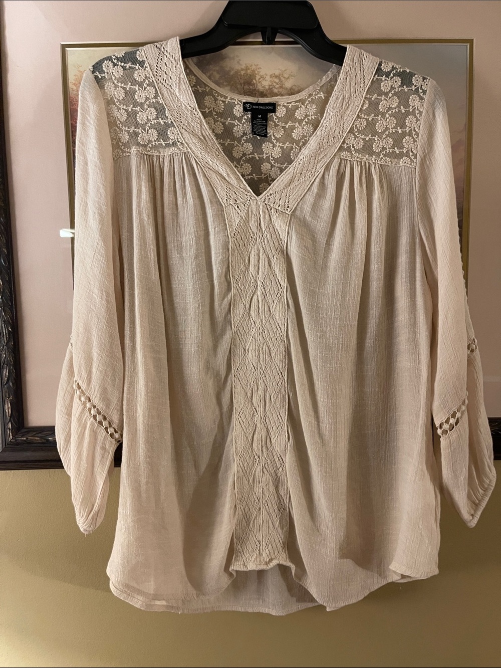 new directions Cream Lace Yoke Boho Tunic size medium